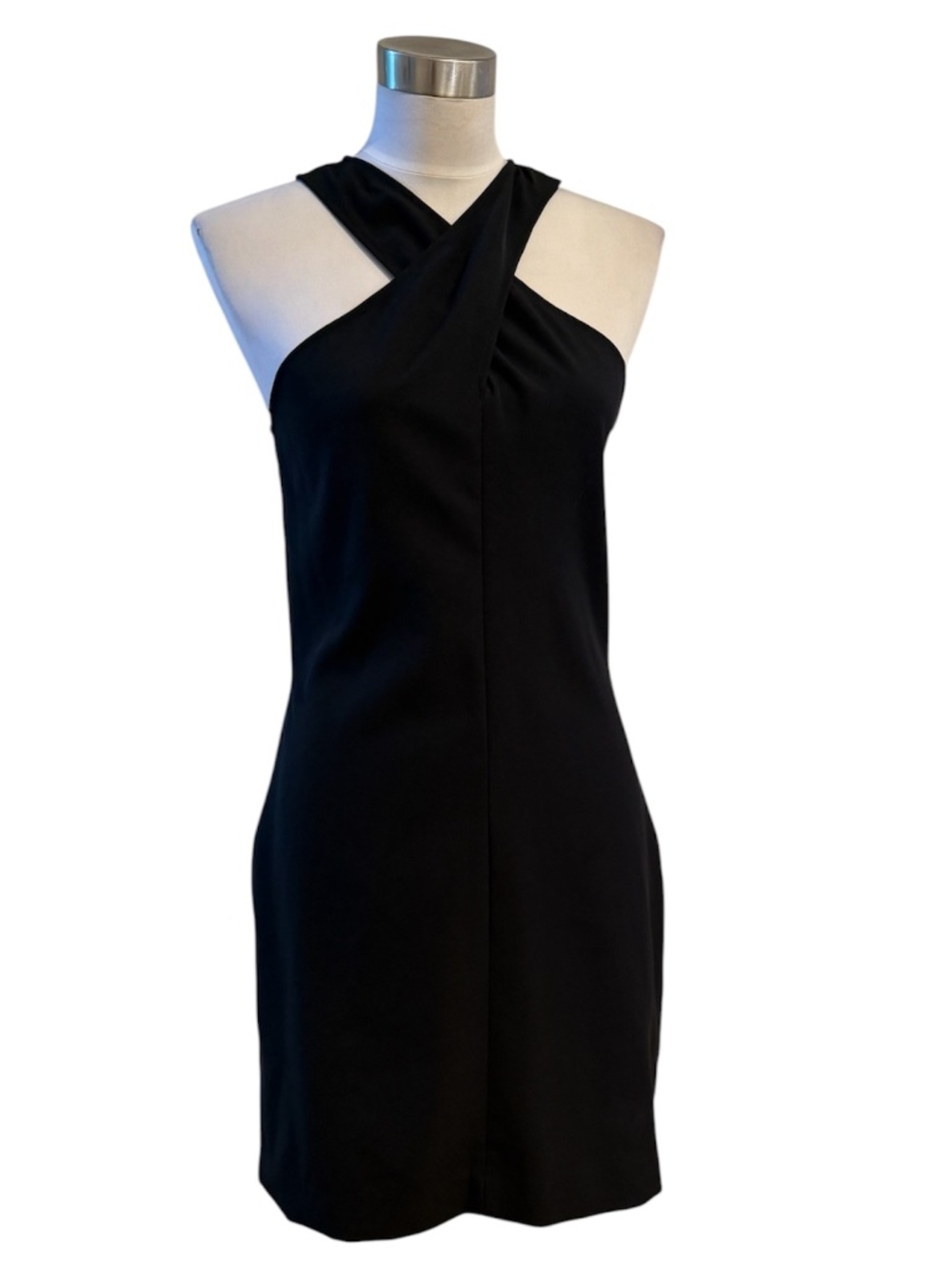 NWOT MNG black crepe classic cross halter mini dress S M